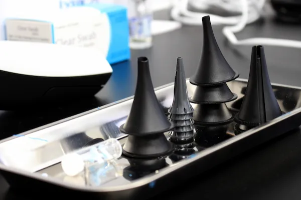 Otoscope and specula tray used during hearing aid assessment at Fresh Hearing
