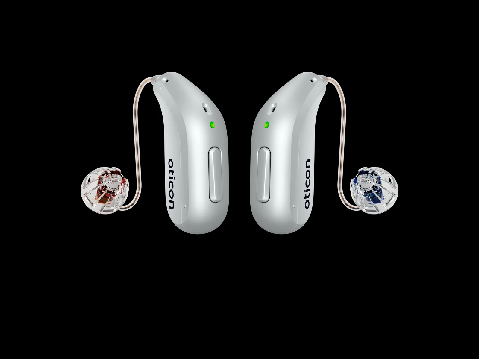 Oticon Intent miniRITE hearing aid pair, front view