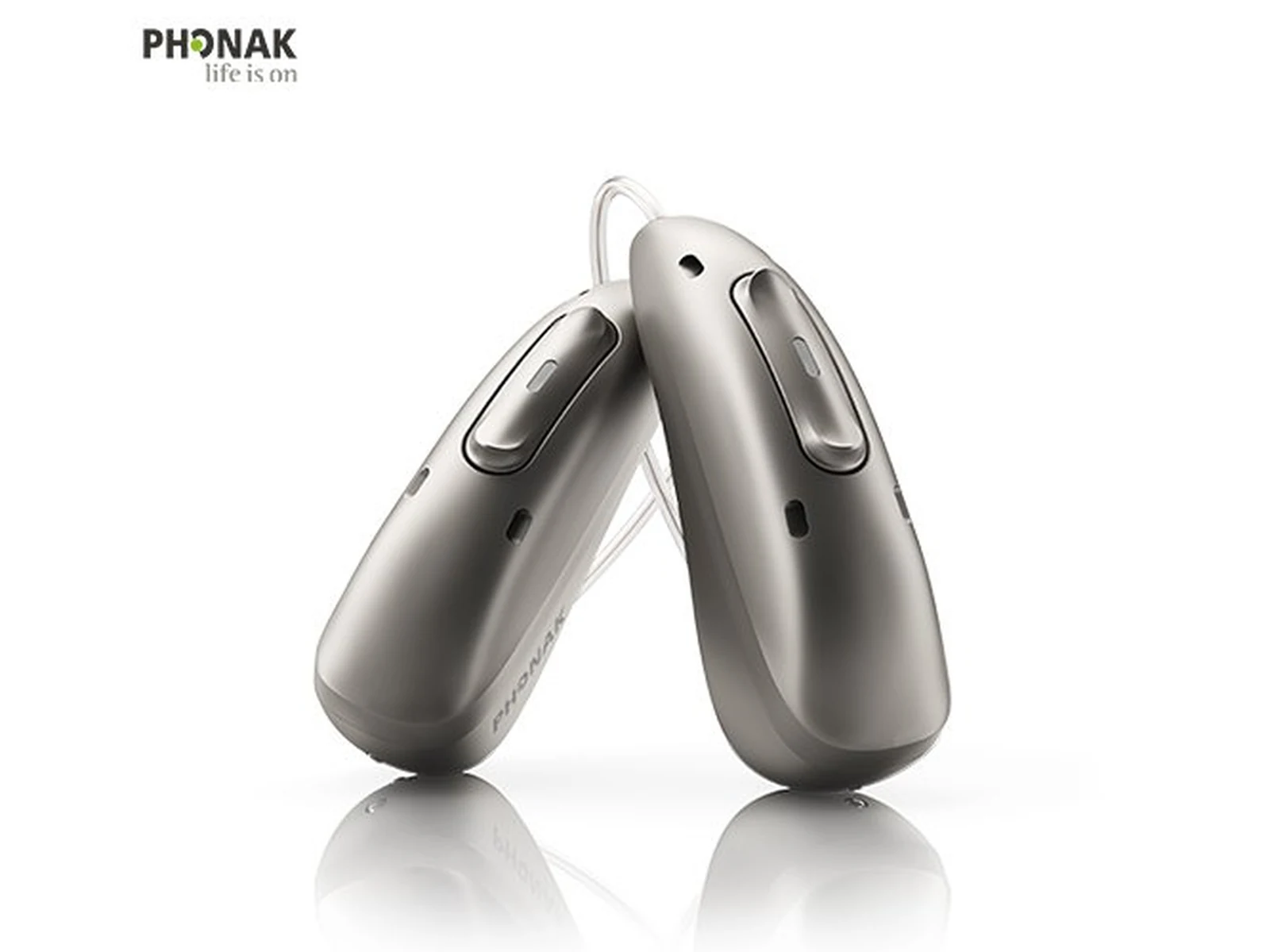 Phonak Audeo hearing aids - pair view with logo